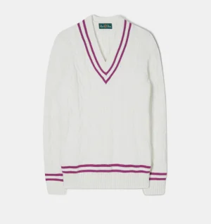 LADIES CABLE KNIT CRICKET JUMPER IN ECRU