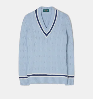 LADIES CABLE KNIT CRICKET JUMPER IN LIGHT BLUE